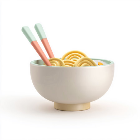 A 3D rendered ramen bowl featuring neatly curled noodles and pastel pink and mint chopsticks. The bowl has a clean white matte finish with a soft green inner rim, presented in a minimalistic style. Ideal for food apps, digital interfaces, and modern iconography. This image is made with the help of AI.の素材