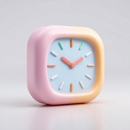 A 3D rendered pastel alarm clock with a rounded square shape, soft pink and peach frame, blue clock face, and colorful hour markers. The clock hands are light pink, designed in a playful and minimal style. Isolated on a white background. This image is made with the help of AI.の素材