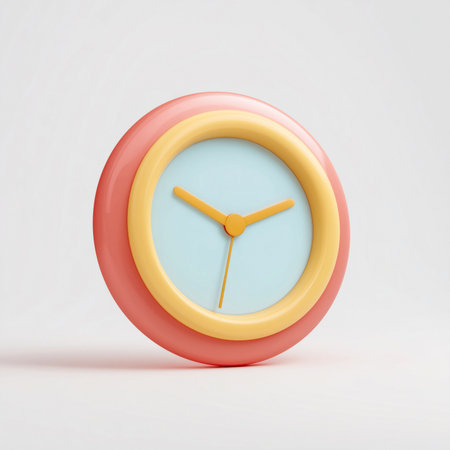 A 3D illustration of a pastel pink wall clock with a soft yellow rim and light blue face, featuring simple orange clock hands for hours, minutes, and seconds. The design is minimalist and playful, isolated on a white background. This image is made with the help of AI.の素材