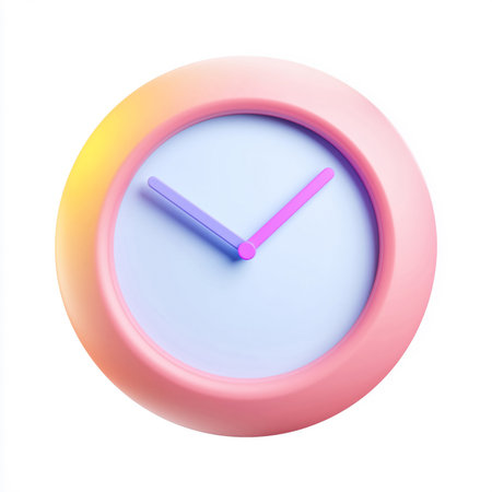 A 3D rendered clock icon featuring a soft pink circular frame, pale blue clock face, and purple and magenta clock hands. The design showcases a modern pastel gradient style with a matte finish, isolated on a white background. This image is made with the help of AI.の素材