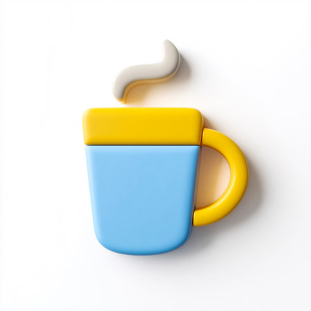 A 3D illustration of a coffee cup icon with a yellow top, blue body, and yellow handle. A white steam curl rises above the cup, giving a warm, fresh-brewed coffee look. Designed in a minimal, toy-like style with matte plastic texture. Isolated on a white background. This image is made with the help of AI.の素材