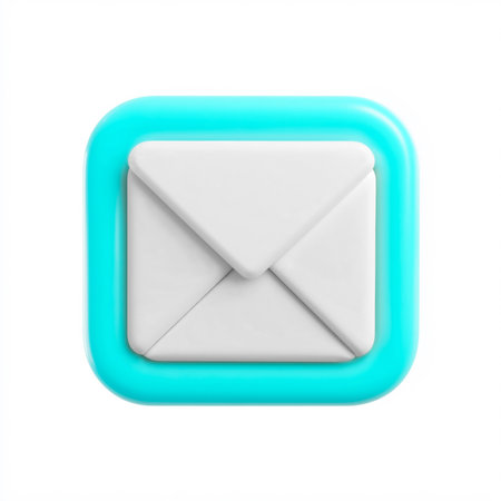 A 3D-rendered white envelope icon with a closed flap, placed inside a glossy cyan rounded square frame. The envelope design is simple and minimalistic, with smooth matte textures, making it suitable for app icons, UI, and UX design. This image is made with the help of AI.の素材