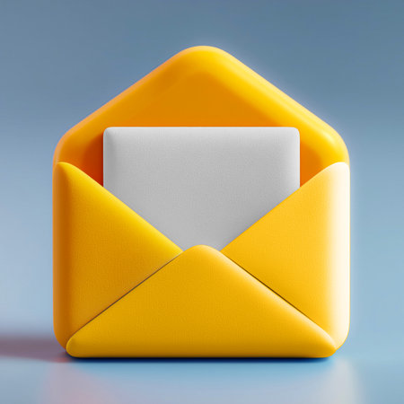 A 3D-rendered yellow envelope icon with a white letter partially visible inside. The envelope features a soft matte texture and rounded edges, set against a smooth blue gradient background. The design is clean and modern, ideal for email, messaging, or communication UI elements. This image is made with the help of AI.の素材