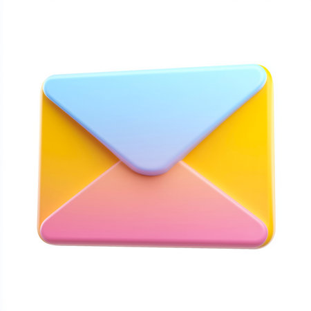 A colorful 3D-rendered envelope icon featuring a gradient blue to pink flap and a yellow body. The smooth, rounded design has a soft matte texture, giving it a playful and vibrant appearance. Ideal for app icons, UI elements, and digital communication graphics. This image is made with the help of AI.の素材