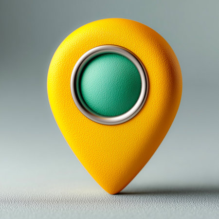 A stylized 3D map pin icon with a textured yellow exterior and a green center button, bordered by a metallic ring. The icon has a modern, tactile design with a matte leather-like finish, perfect for apps and UI interfaces involving location markers and GPS navigation. This image is made with the help of AI.の素材