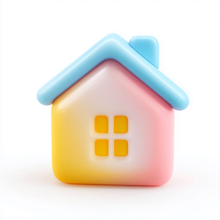 A vibrant 3D home icon featuring a soft gradient house body transitioning from yellow to pink, a blue sloped roof with a small chimney, and a four-pane square window. Perfect for UI navigation buttons, real estate apps, or home-related branding. This image is made with the help of AI.の素材