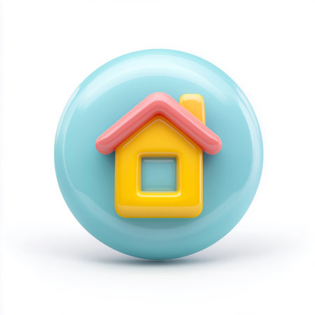 A 3D-rendered house icon featuring a bright yellow home with a pink roof and chimney, set against a glossy light blue circular button. The playful and vibrant design is perfect for UI, apps, and web navigation. This image is made with the help of AI.の素材