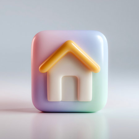 A soft and minimal 3D house icon featuring a white home with a subtle yellow roof, placed on a rounded square background with a pastel gradient blend of pink, blue, and mint green. Ideal for UI, app navigation, and design elements. This image is made with the help of AI.の素材