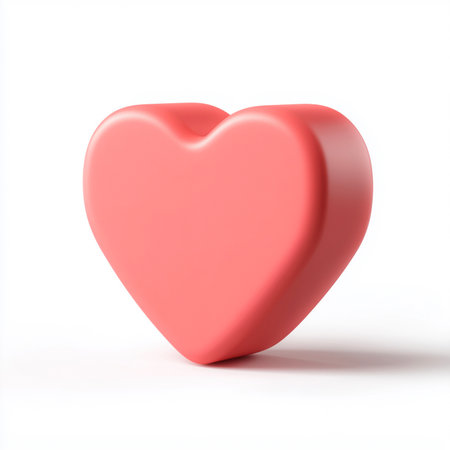 A single 3D-rendered heart in a soft coral pink hue, featuring smooth matte texture and rounded edges. The clean, minimal design makes it ideal for app icons, UI buttons, or romantic and wellness-themed graphics. This image is made with the help of AI.の素材