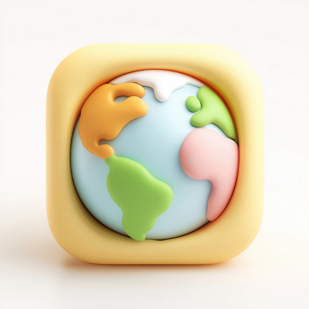 A 3D-rendered rounded square globe icon featuring raised continents in soft pastel shades of green, pink, orange, and white, set against a light blue ocean. The design has a smooth matte texture with a playful and modern aesthetic, perfect for UI/UX applications, educational tools, and kid-friendly design systems. This image is made with the help of AI.の素材