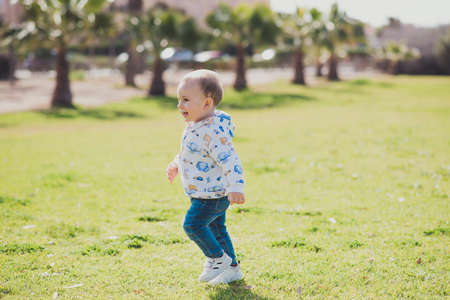 happy boy playing in playgroundの写真素材