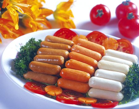 A variety of sausages on a plateの写真素材