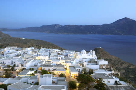 Panoramic view of Plaka in Milos Island  In the background you can see the bay and the Aegean Sea の写真素材