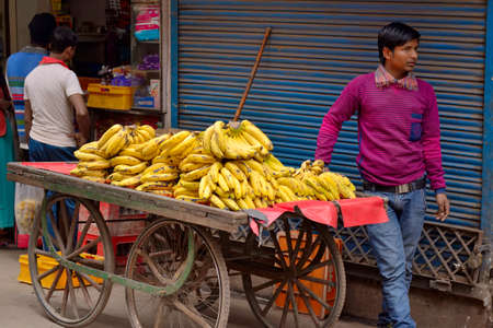 DELHI, INDIA - FEB 8, 2014  Sellers of bananas with their carts, abound in the streets of Old Delhi のeditorial素材