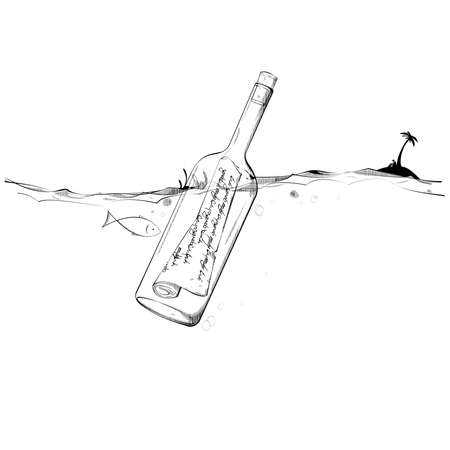 Fish reads paper message in floating bottleのイラスト素材
