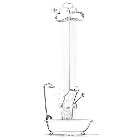 Man takes a bath in the rain in a bathtubのイラスト素材