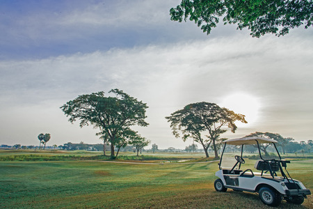 Golf cart on green in the morning.のeditorial素材