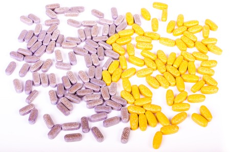 Plate of pills on striped cloth isolated, concept dietの写真素材