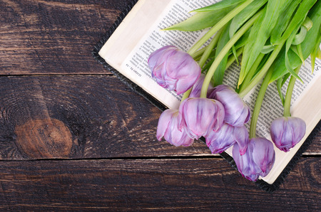 Violet tulips, petals, book on wooden background. Vintage and retro style.の写真素材