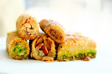 Middle eastern dessert baklava on white background. Free space for your textの写真素材