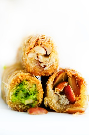 Middle eastern dessert baklava on white background. Free space for your textの写真素材