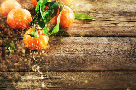 Mandarins Tangerines on wooden background. Copy space for your text. Bokeh and lights, toned effectの写真素材