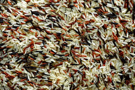 Raw organic rice berry and brown rice mixed texture. Food ingredient background. Top view, healthy lifestyle conceptの写真素材