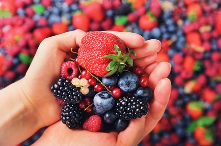 Woman hands holding organic fresh berries against the background of strawberry, blueberry,...