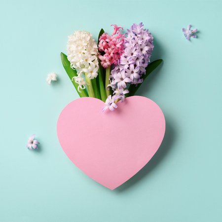Spring hyacinth flowers and pink paper heart on blue punchy pastel background. Square crop. Spring, summer or garden concept. Creative layout. Top view, flat layの写真素材