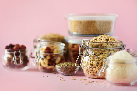 Vegan health food over pink  with copy space.の写真素材