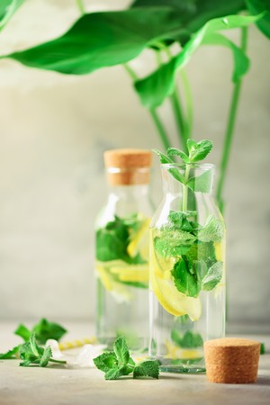 Citrus lemonade - mint, lemon and tropical monstera leaves on grey background. Detox drink. Summer fruit infused water. Copy spaceの写真素材