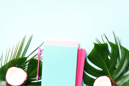 Female blog writer workspace concept. Green monstera palm leaves, coconut on pink background with copy space. Banner. Flat lay, top viewの写真素材