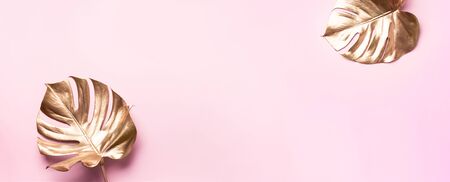 Golden tropical monstera leaf on pink background with copy space. Top view. Flat lay. Creative layout. Exotic summer concept in minimal style.の写真素材
