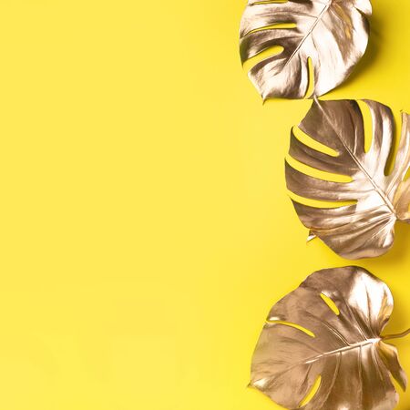 Golden tropical monstera leaf on yellow background with copy space. Top view. Flat lay. Creative layout. Exotic summer concept in minimal style.の写真素材
