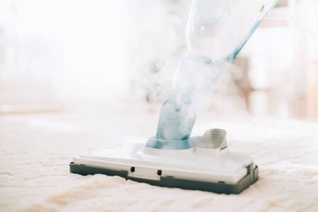 Cleaning the floor with steam cleaner. Banner and copy space. Cleaning service concept.の写真素材