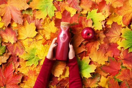 Female hands holding bottle of red drink - smoothie or juice from vegetables, fruits and berries, apples, beetroot over leaves background. Autumn vegan and vegetarian food concept. Top view.の写真素材