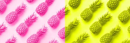 Fresh pineapples on trendy neon pink and yellow color background. Top View. Pop art design, creative...