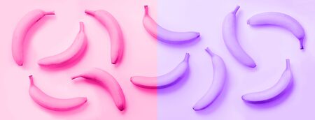 Chaotic colorful fruit pattern. Bananas over neon violet and pink color background. Banner. Top view. Pop art design, creative summer concept. Minimal flat lay styleの写真素材