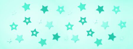 Festive abstract background with stars in mint color. Trendy green and turquoise color. Texture for new year, birthday, baby shower party. Creative pattern. Banner.の写真素材