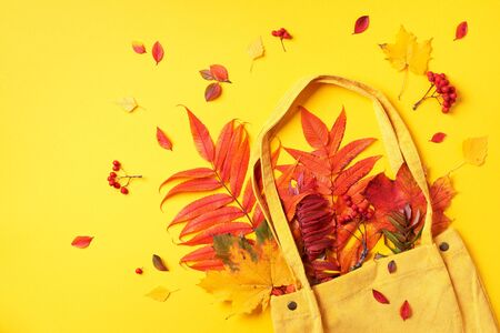 Autumn flat lay composition. Dry maple autumn leaves in yellow shopping bag on yellow background. Top view. Copy space. Flat layの写真素材