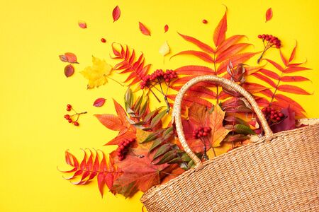 Autumn composition. Straw bag with autumn dried leaves on yellow background. Flat lay. Top view. Copy space. Fall season concept. Sustainable lifestyle. Zero waste, plastic free conceptの写真素材