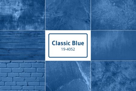 Color palette with natural wooden, stone, marble textures for design inspired by trendy classic blue color. Background with copy space.の写真素材
