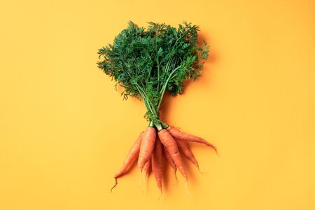 Bunch of young carrots with green tops on trendy yellow background. Top view. Copy space. Vegan and vegetarian concept.の写真素材