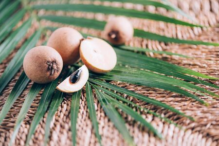 Sapodilla or ciku fruit over palm leaves on rattan background. Copy space. Dimocarpus longan. Bunch of exotic longans. Tropical food concept.の写真素材