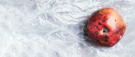Spoiled bad red apple on plastic bag background. Garbage dump rotten food. Top view. Copy space....
