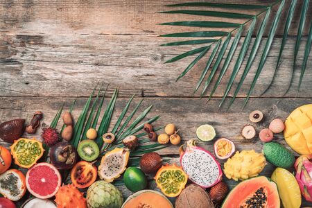 Exotic fruits - pineapple, papaya, mango, annona, banana, pitahaya, kiwano, african horned melon,...