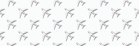 Summer pattern. Creative banner of planes on white background. Travel, vacation concept. Travel, vacation ban. Flights cancelled and resumed again. Top view. Flat lay. Minimal style designの写真素材