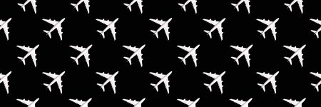 Creative banner of white planes on black background. Travel, vacation concept. Travel, vacation ban. Flights cancelled and resumed again. Top view. Flat lay. Minimal style design. Summer patternの写真素材