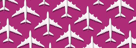 Summer pattern. Creative banner of white planes on pink background. Travel, vacation concept....