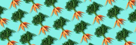 Bunch of young carrots pattern with green tops on trendy blue background. Top view. Copy space....